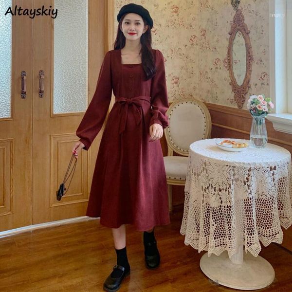 

dress womens solid high waist burgundy square collar sashes lantern sleeve chic a-line dresses korean style femme fashion1, Black;gray