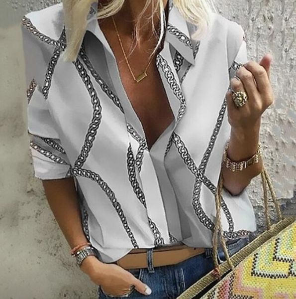 

women's blouses & shirts europe and america autumn winter explosion chain printing lapel can pull long-sleeved shirt, White