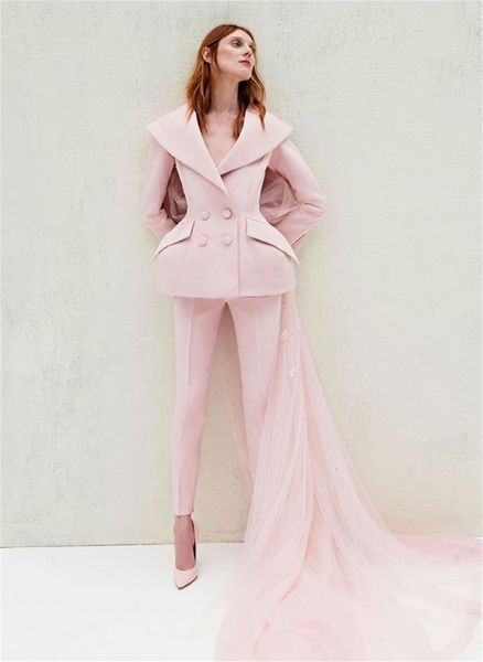 Moda Tasarım Pembe Abiye Wrap Ile İki Adet Pantolon Takım Elbise Saten Tül Uzun Kollu Balo Elbise Parti Giyim Custom Made Kadınlar Robes de Soirée