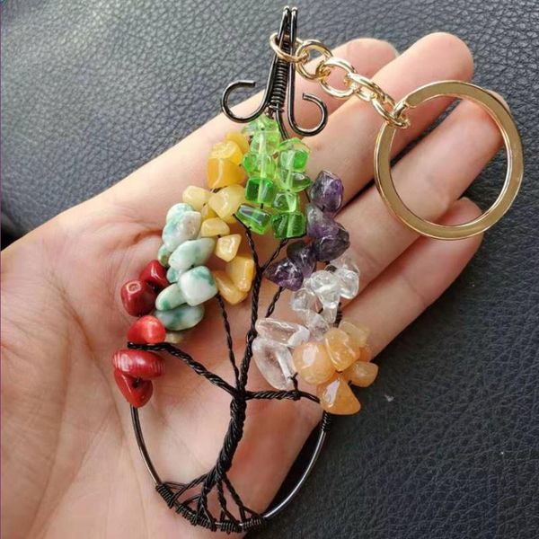 

keychains fyjs unique copper wire wrap tree of life rock crystal key chain green olivine stone plant jewelry, Silver