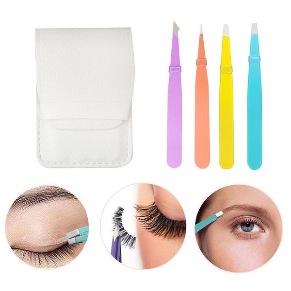 

4pcs/set professional eyebrow tweezer kit stainless steel point tip/slant tip/flat tip eye brow clips hair removal makeup tools & stencils