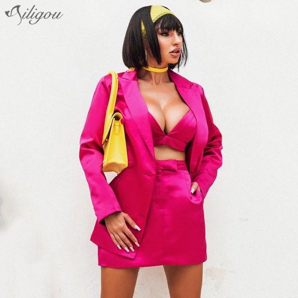 

two piece dress ailigou 2021 autumn fashion women 3 three-piece long-sleeved jacket mini skirt button club party casual women's set, White