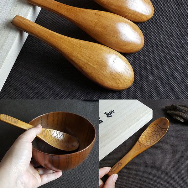 Cucchiai di legno intagliati con motivo a pesce Cucchiaio di riso in legno massello ecologico Zuppa di tè Scoop per torta Cucina Ristorante Stoviglie BH5043 WLY