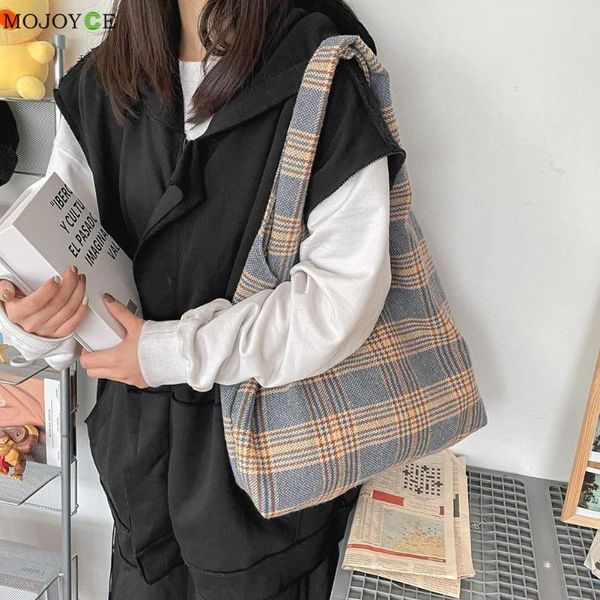 

leisure women plaid printing canvas shoulder underarm shopping bag ladies casual large capacity tote handbag cross body