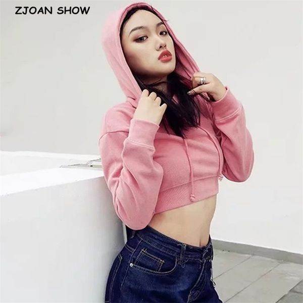 

autumn harajuku long sleeve adjust rope hoodies cropped hooded sweatshirt women high waist casual jumper short sweats 210429, Black;gray