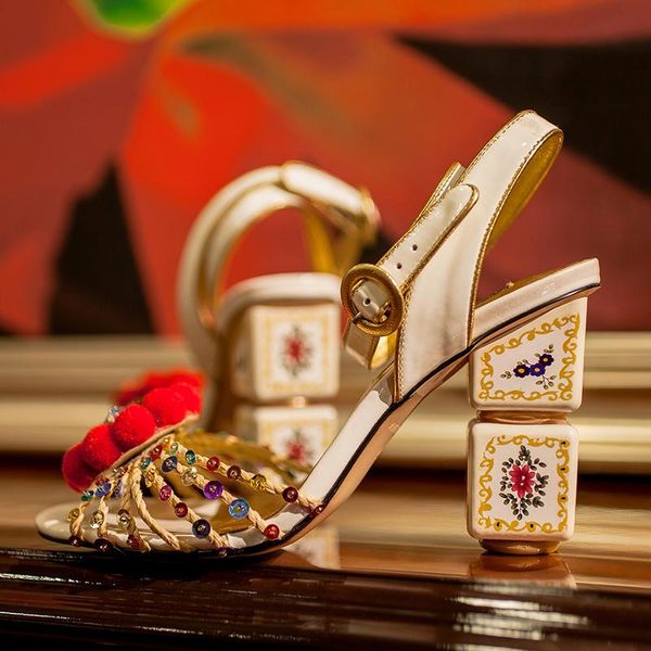

flower buckle beading crystal sandals print women strange heel handmade luxury shoes, Black