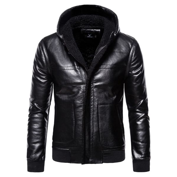 

5xl hooded zone thick leather jacket autumn and winter slim pu imitation leather solid color jacket men's leather jacket 211111, Black