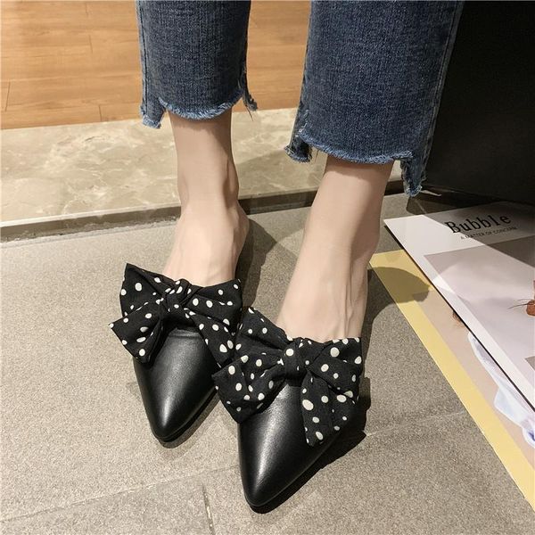 

women slippers fashion big bowknot decoration flat causal shoes low heel mule slip on slides summer sandals size 39, Black