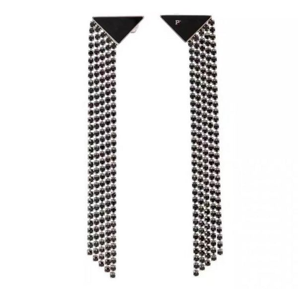 

2021 european and american exaggerated personality big brand full diamond tassel fashion female long earrings temperament french ear clip ea, Silver