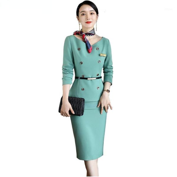 

two piece dress elegant ladies women button decoration blazer and skirt suit green black apricot formal 2 set of high quality, White