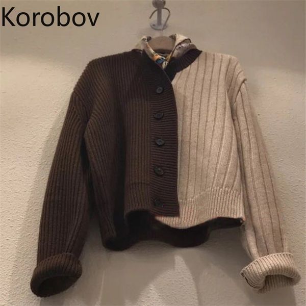 

korobov contrast color vintage cardigan women v neck long sleeve casual retro knitted sweater single breasted korean style 210430, White
