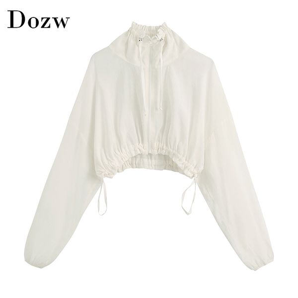 

fashion white cropped blouse women casual long sleeve cardigan female streetwear drawstring shirt blusas mujer 210414