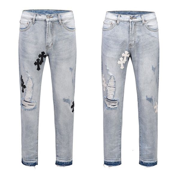 

jeans high street bieber the same cross with leather and holes, Blue