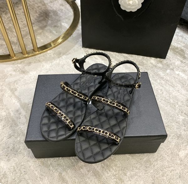 

2021 spring and summer fashion design women's sandals leather flat metal chain material perfect workmanship comfortable luxury 35-40, Black