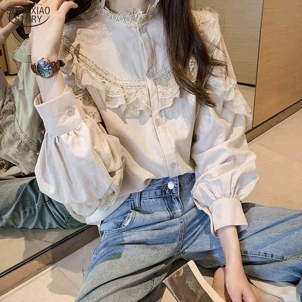

casual elegant women and blouses vintage women spring lantern long sleeve loose lace blouse shirts fashion blusas 10097 210410, White