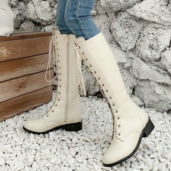 

boots women high autumn winter lace-up flat shoes round toe artificial pu retro women's ladies knight 2021 series, Black