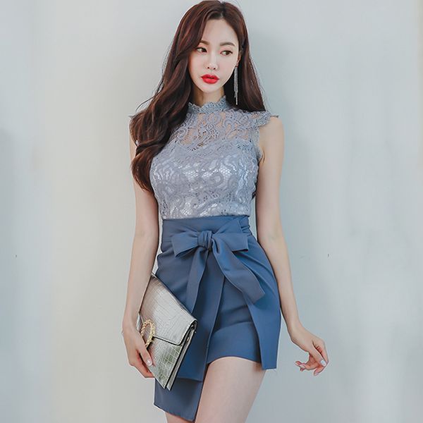 

casual dresses 2021 spring without sleeves bowknot irregular mini skirt two bodycon pieces define solid suit, Black;gray