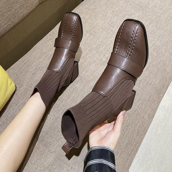 

boots short women's autumn 2021 thick heel thin shoes large size socks, Black
