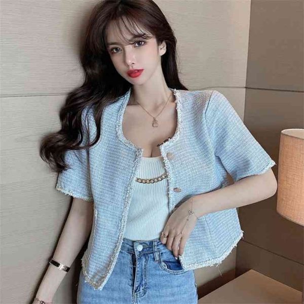 

korean summer women single-breasted tweed cardigan coat elegant vintage round neck short sleeve casual outwear 210519, Black;brown