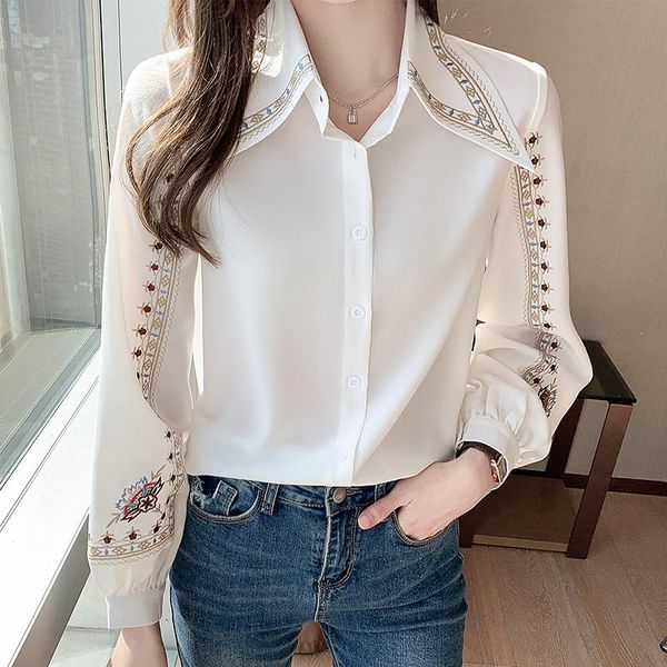 

women's blouses & shirts shirt chiffon for women-clothing long sleeve white printing neck blouse women 2021 plus size