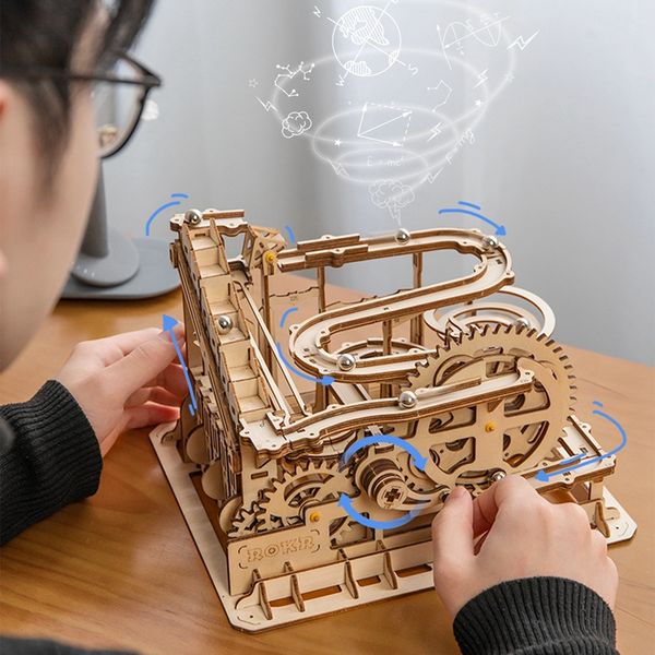 

rokr 4 kinds marble run diy waterwheel wooden model building block kits assembly toy gift for children dropship