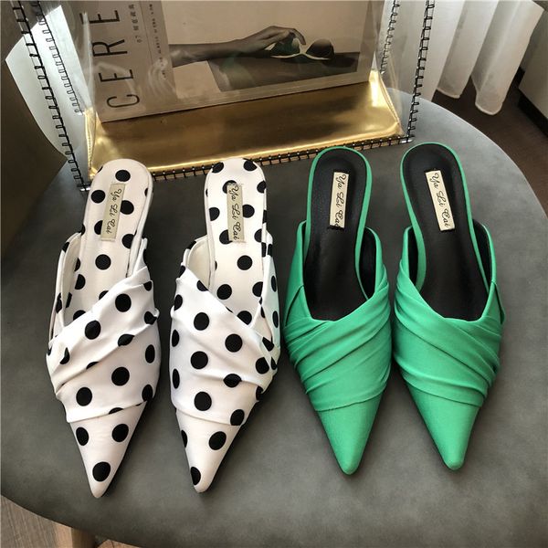 

dress shoes women brand slippers summer slides satin pointed toe thin low heels mules leisure sandal female beach flip flop sshv, Black