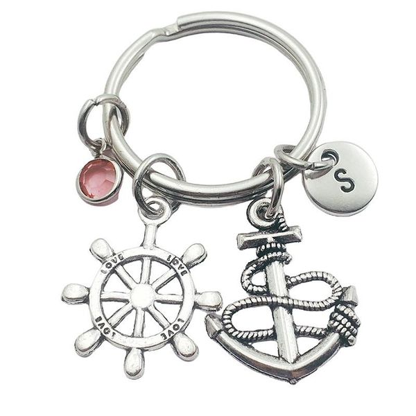 

keychains anchor rudder initial letter birthstone keyring creative fashion jewelry women pendant, Silver