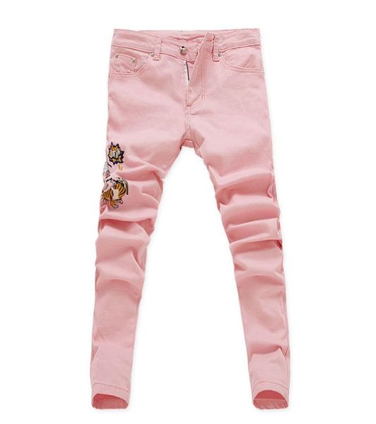 

men's pants embroidered jeans slim distressed pink yellow green 2021, Black