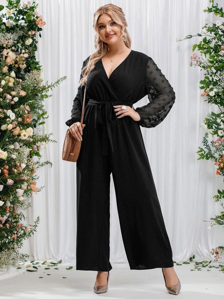

plus swiss dot lantern sleeve belted wide leg jumpsuit 88t2#, Black