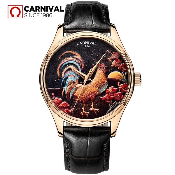 

wristwatches carnival brand automatic watch men unique design relief painting cock leather sapphire waterproof mechanical watches, Slivery;brown