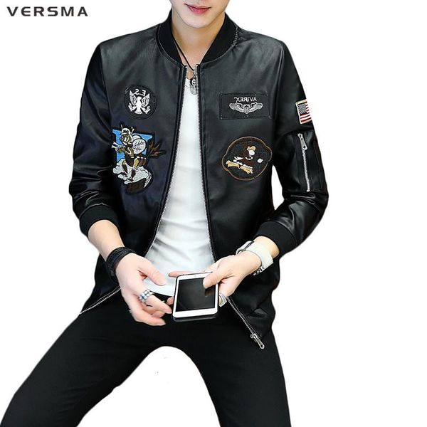 

men's fur & faux versma autmn slim fit motorcycle embroidery leather jacket coat men jaqueta de couro motoqueiro pilot biker male, Black