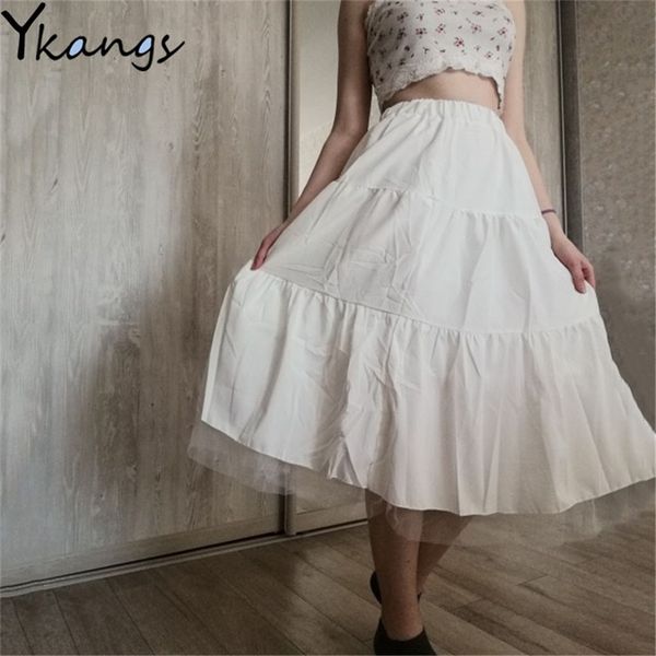 Gonne lunghe dolci per le donne Harajuku stile coreano bianco maxi gonna nera estate adolescenti scuola a vita alta pieghettata 210421