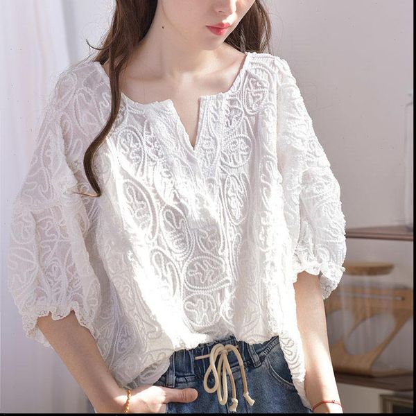

summer korea women shirt fashion v neck loose embroidery lace blouse femme all matched casual sweet shirts, White