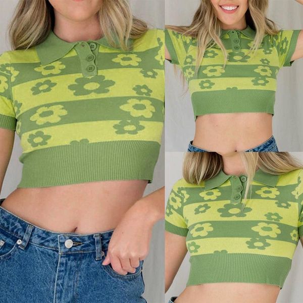 

women's t-shirt floral knitted crop sweater short sleeve shirts for women green summer spring pullover knitwear, White