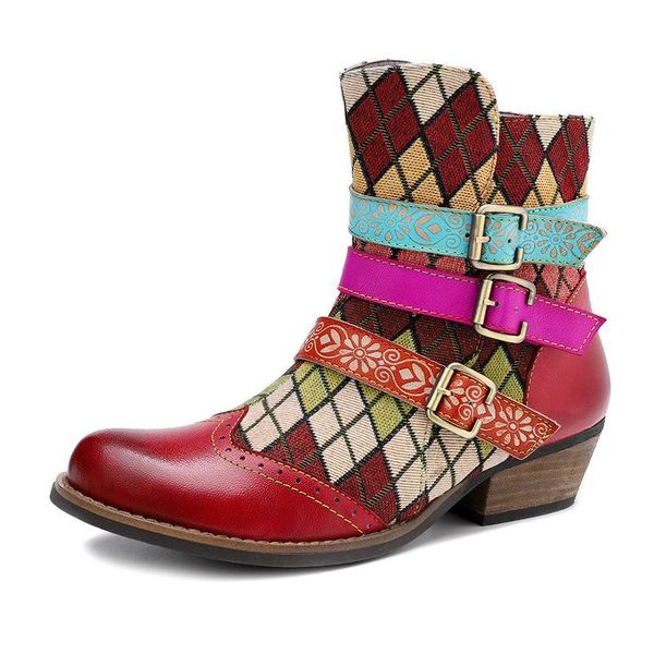 

boots women retro genuine leather bohemian printing splicing thick high heel zipper dress short ladies shoes, Black