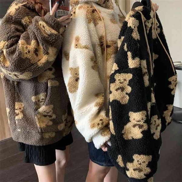 

women hoodies zipper teddy coat harajuku loose kawaii clothes s korea sweatshirt oversized hoodie 210914, Black;brown