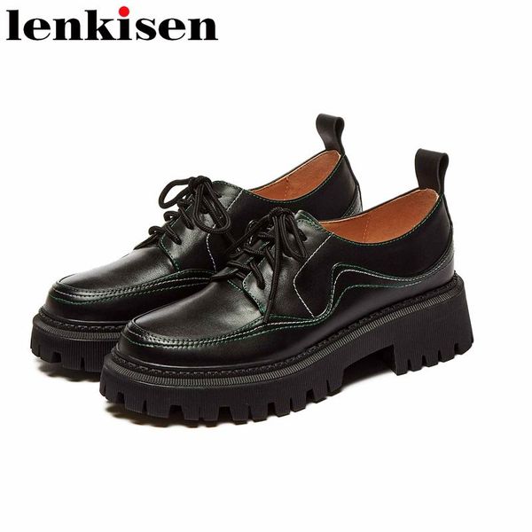 

dress shoes lenkisen genuine leather round toe high heels classics loafers street fashion leisure young lady lace up women pumps l27, Black