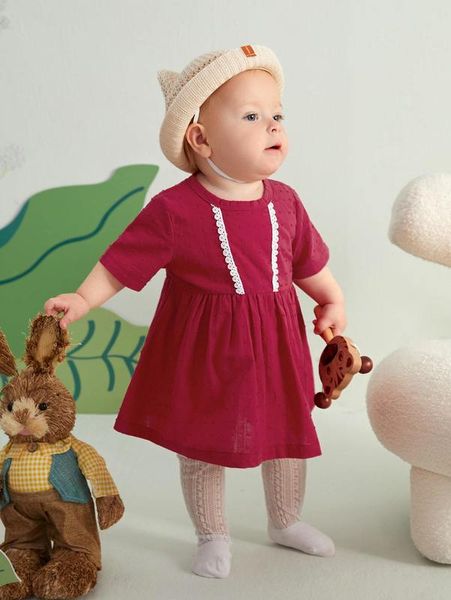 

baby guipure lace trim swiss dot dress without hat she, Red;yellow
