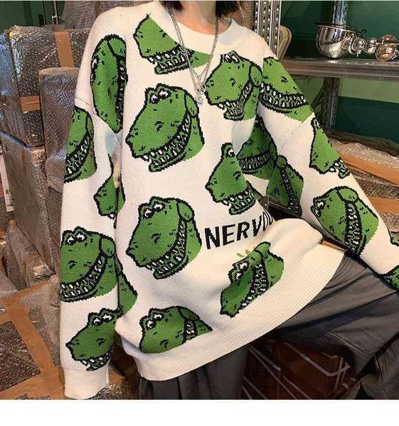 

women's sweaters outono e inverno solto dos desenhos animados dinossauro camisola malha jaqueta feminina com mais grosso preguiÃ§oso cor, White;black