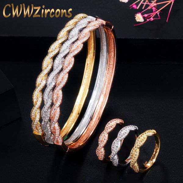 

jewelry sets cwwzircons twist lines cubic zirconia dubai rose gold color open cuff bridal african bracelet bangle and ring set t458, Black