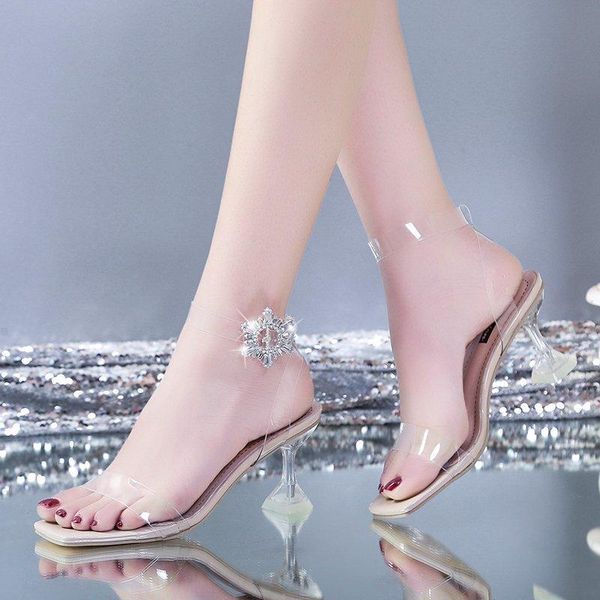 

sandals square toe summer women fashion transparent spike heels thin high heel buckle strap party dress ladies shoes, Black