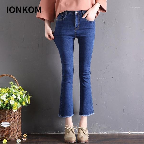 

women's jeans ionkom women ol style ripped flare hem denim button high waist casual ankle-length pants fall female trousers, Blue