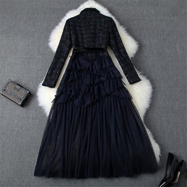 

two piece dress designer autumn elegant long sleeve women plied midi tweed tulle slices dress of wool nr46, White