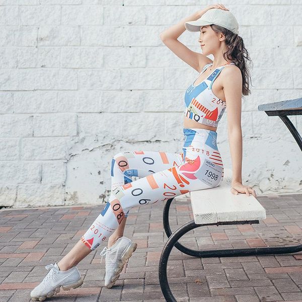 

fashion digital printed letters workout suit fitness tracksuit women's set female sporting bra leggings jogger clothing two piece pants, White
