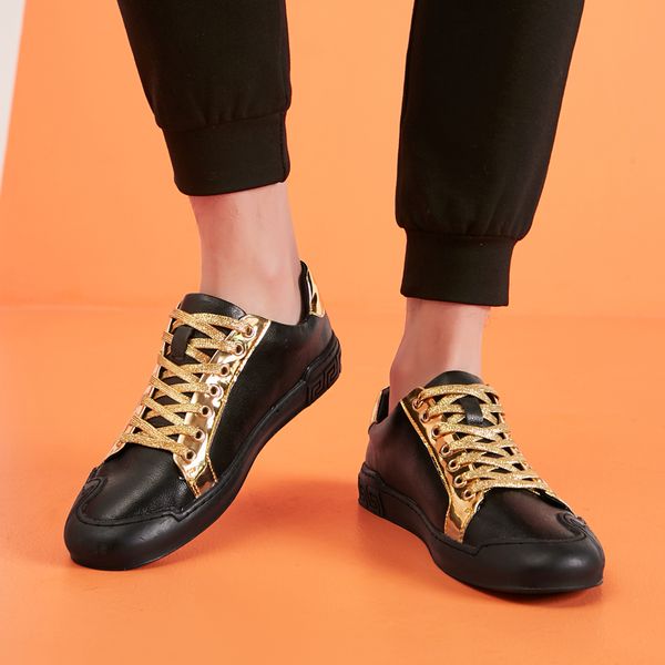 

men's casual shoes gold-color pattern fashionable sports leather shoe d8836, Black