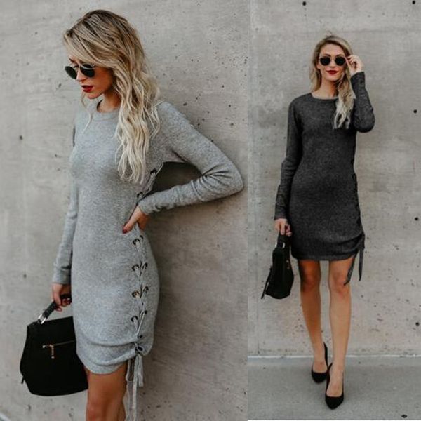 

charming dresses autumn side tie long sleeve t-shirt medium length, Black;gray