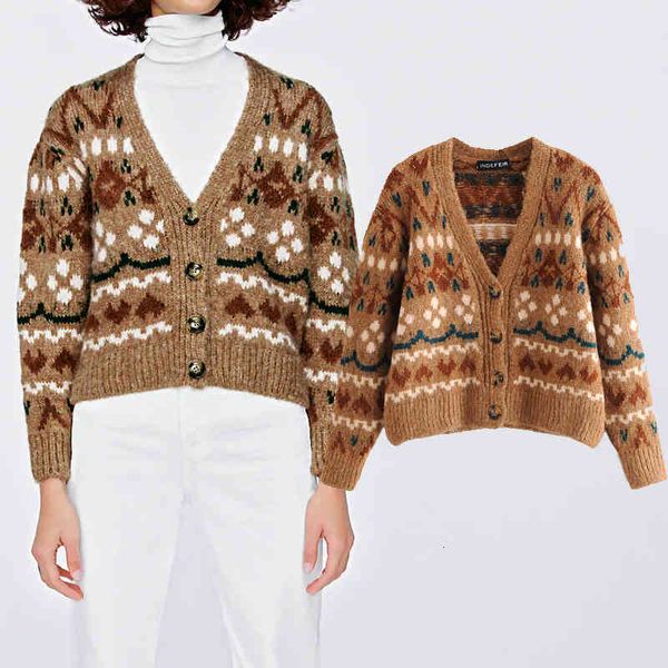 

autumn jacquard woman impression knitted jacket nightgown cardigan sweater only breasted, Black;brown