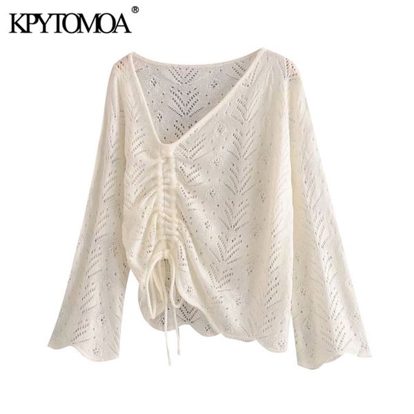 

women fashion with drawstring hollow out irregular knitted sweater vintage long sleeve female pullovers chic 210420, White;black