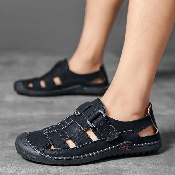 

sandals large size men's casual breathable summer shoes cow leather outdoors beach sandalias chaussure homme sandales shoe, Black
