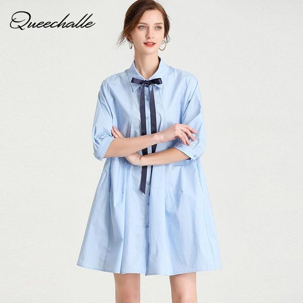 

plus size shirt dress spring 2021 three quarter sleeve bow ties mini a-line women's casual female vestidos dresses, Black;gray